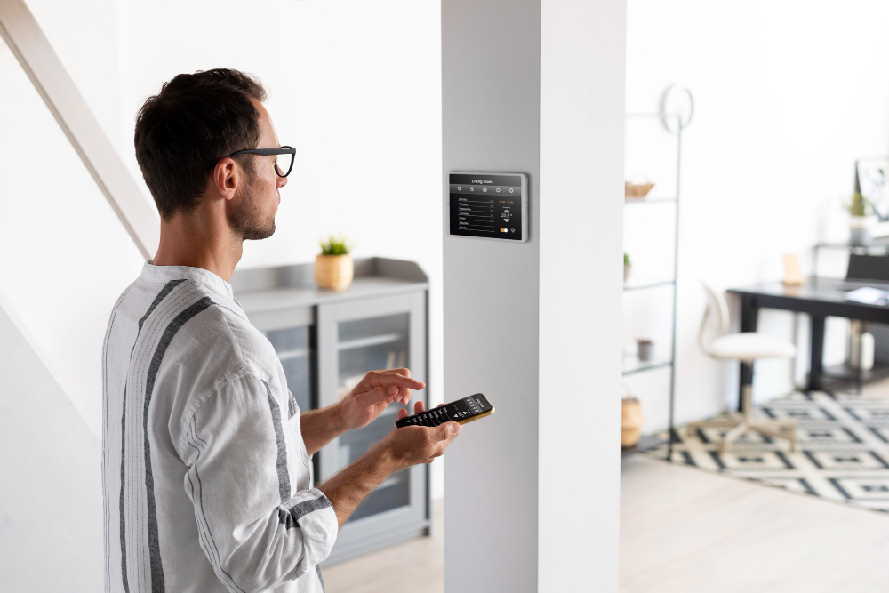 une personne utilisant un smartphone pour gérer la domotique