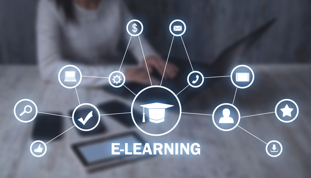 illustration e learning avec une personne sur un ordinateur en arrière plan