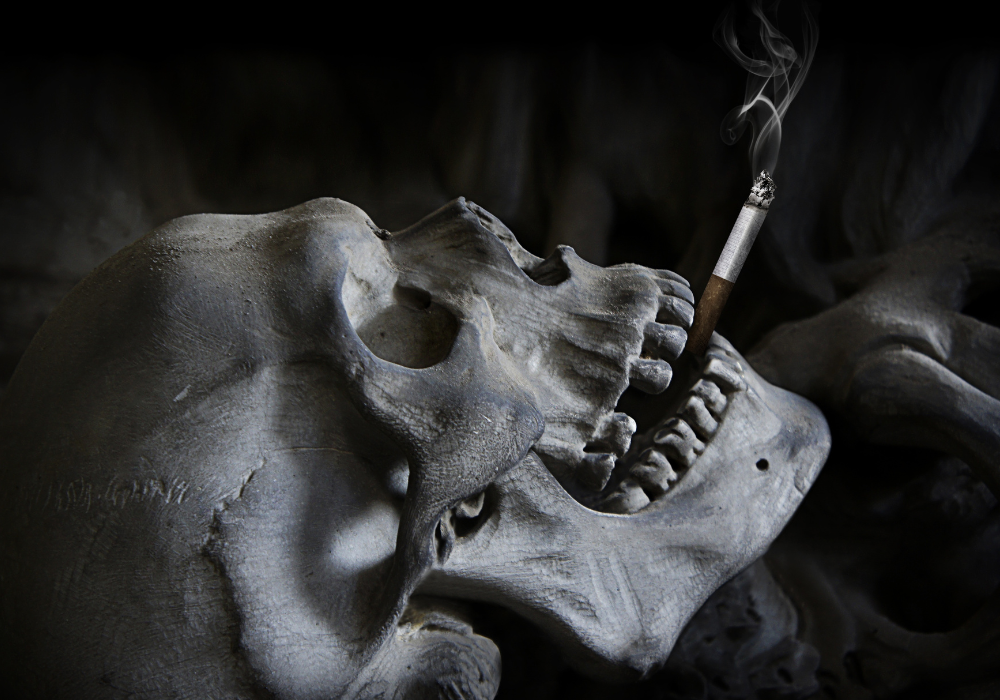 tete de mort qui fume une cigarette